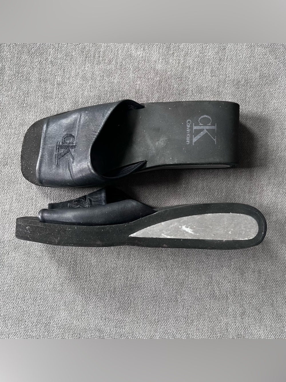 Vintage Calvin Klein Leather Logo Slide Sandals‎ Chrome Platform 6 Black